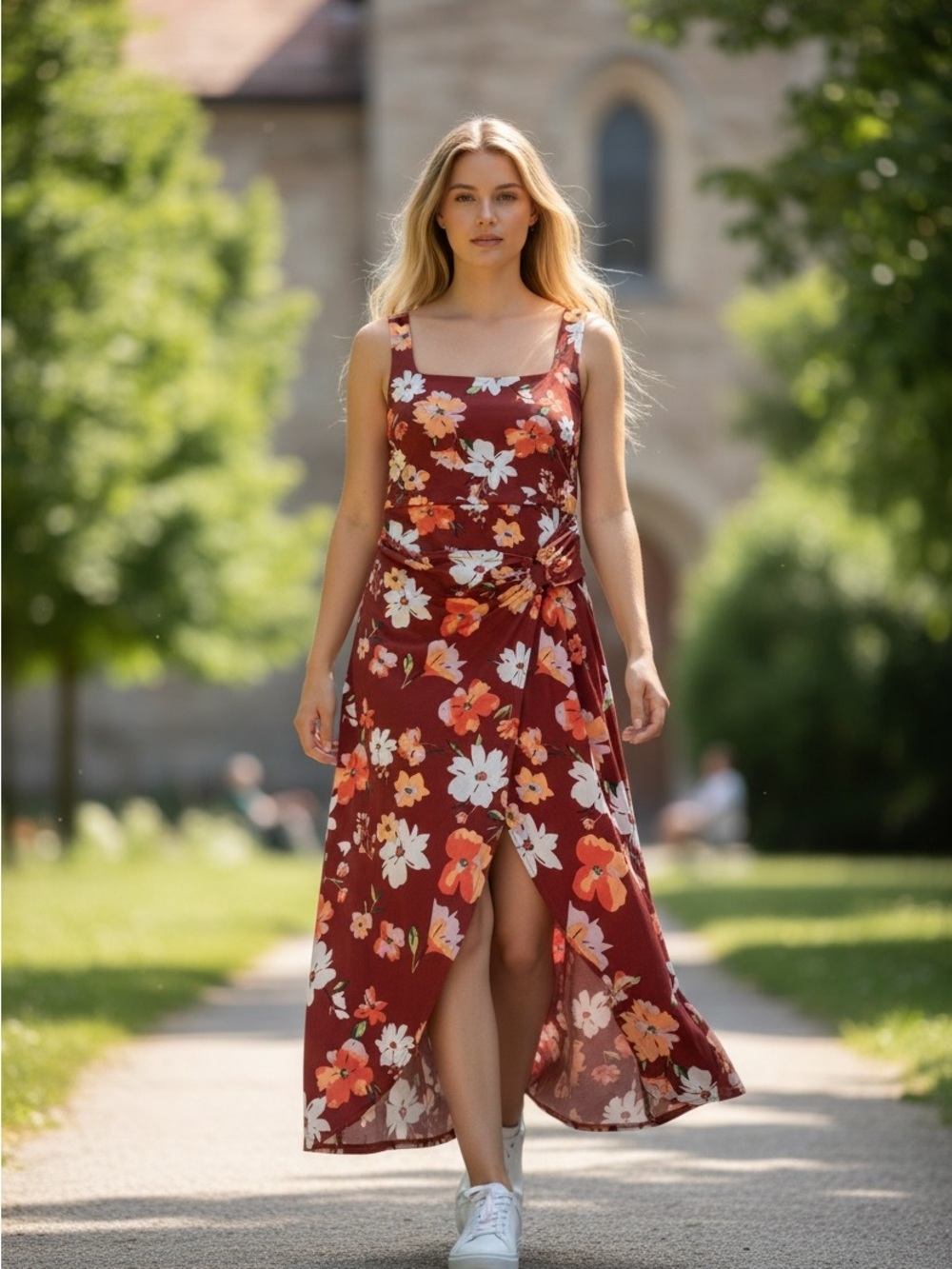 NOBO Rust Floral Tie-Detail Midi Dress